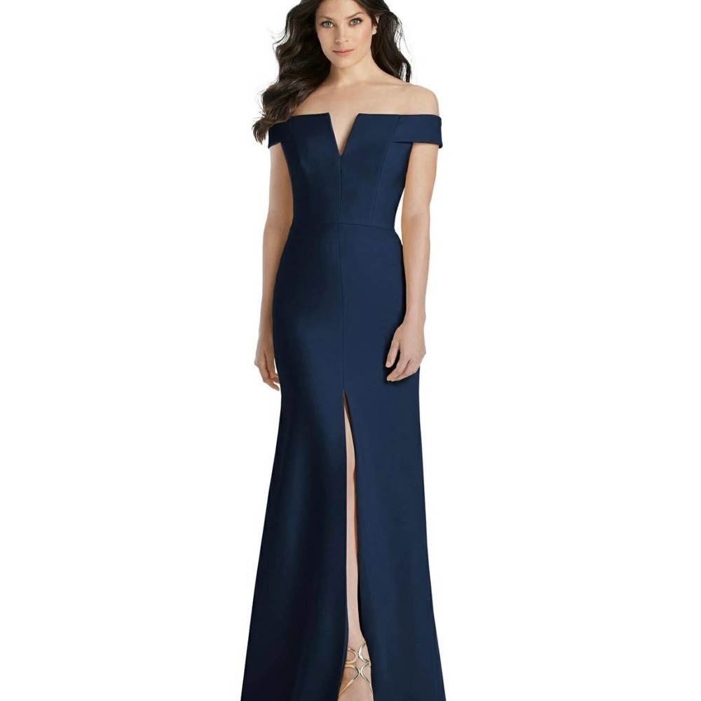 Dessy Collection Vivian Diamond Midnight Navy Off-the-Shoulder Notch Trumpet